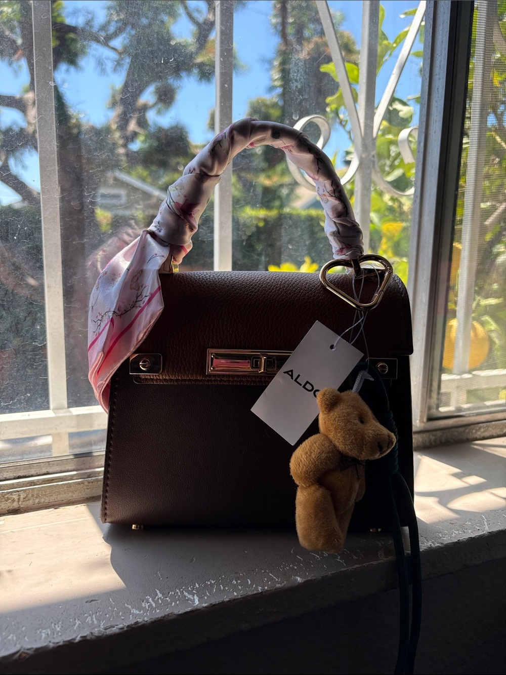 ALDO Dark Brown Top-Handle Satchel with Scarf and Teddy Charm